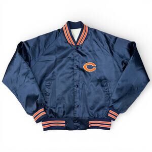 Vintage 80s Chicago Bears NFL Football Satin Snap Bomber Jacket Chalk Line M USA